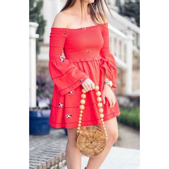 Free People Dresses & Skirts - Free People Counting Daisies Embroidered Mini Dress Size S Red Smocked Boho